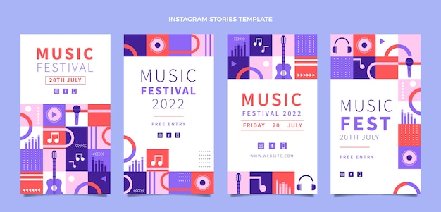 Histórias instagram de festival de música em mosaico design plano