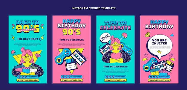 Vetor grátis histórias nostálgicas do instagram do aniversário dos anos 90 desenhadas à mão