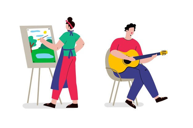 Hobbies de pessoas planas desenhadas à mão