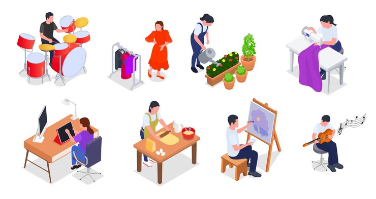 Vetor grátis hobby definido com homens e mulheres costurando tocando guitarra trabalhando em tablet tocando bateria pintando cozinhando regando flores isométrica ilustração vetorial 3d isolada