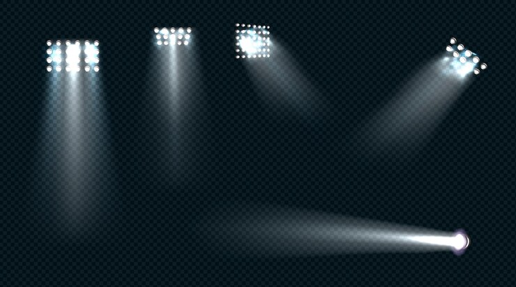 Vetor grátis holofotes, feixes de luz branca do palco, elementos de design brilhantes para estúdio, estádio ou teatro.