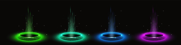 Vetor grátis holograma circular do portal digital do pódio com efeito de luz neon plataforma futurista de teletransporte com raios brilhantes e brilhos isolados em conjunto realista de vetor de fundo preto