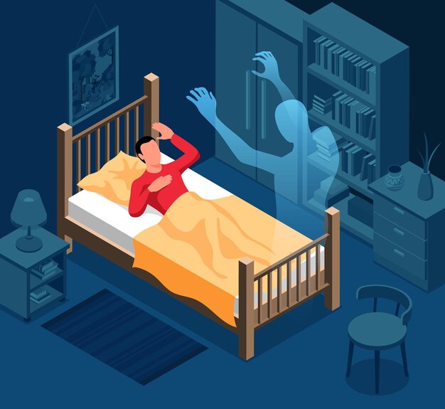 Homem assustado acorda à noite por causa da ilustração vetorial isométrica de pesadelo