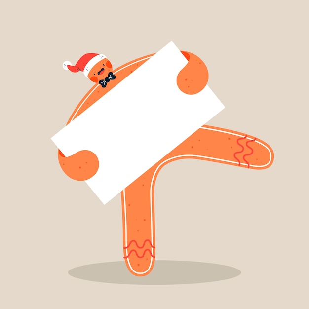 Homem-biscoito engraçado com chapéu de Papai Noel segurando um banner vazio