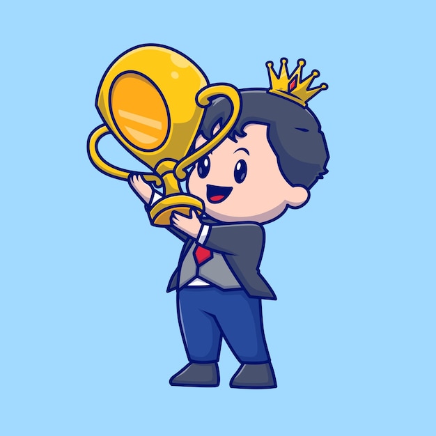 Vetor grátis homem bonito com coroa segurando a ilustração do ícone do vetor dos desenhos animados do troféu de ouro. finanças de pessoas isoladas