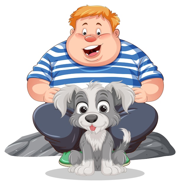 Homem com excesso de peso brincando com seu adorável cachorro de estimação