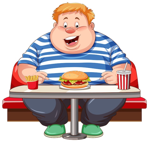 Homem com excesso de peso comendo fast-food no restaurante isolado