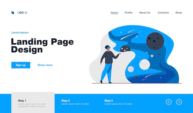 Homem com fone de ouvido vr na página de destino isolada do espaço em estilo simples