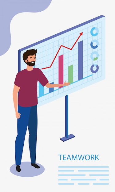 Vetor grátis homem com infográfico no trabalho em equipe cena