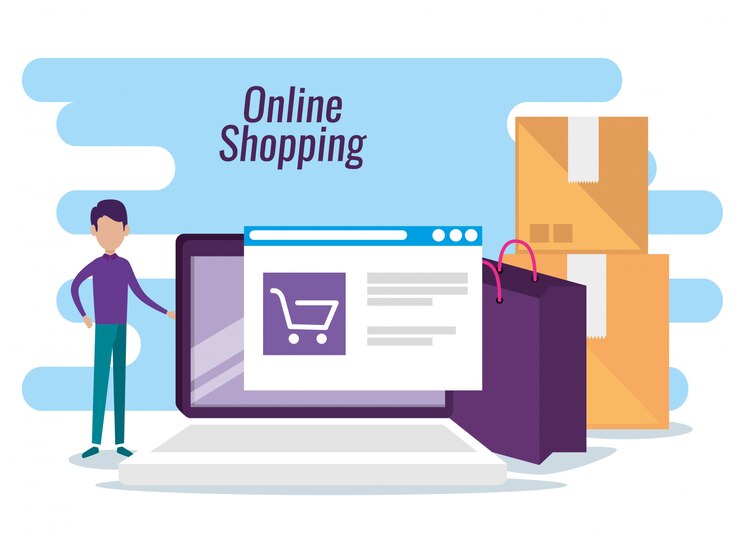 Vetor grátis homem com site de compras