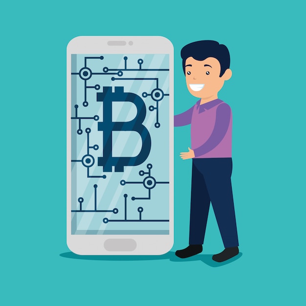 Homem com smartphone com moeda digital bitcoin