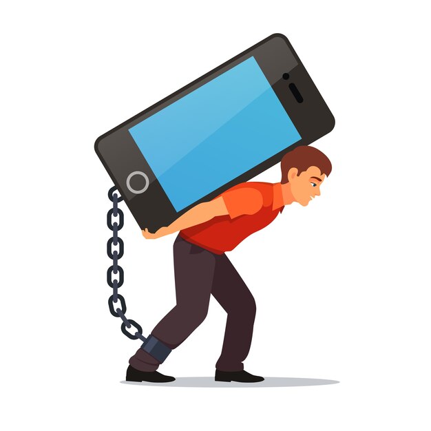 Homem curvado que carrega um telefone móvel grande e pesado