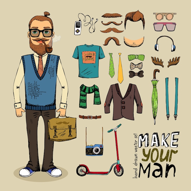Vetor grátis homem de estilo retro com elementos hipster e conjunto de roupas