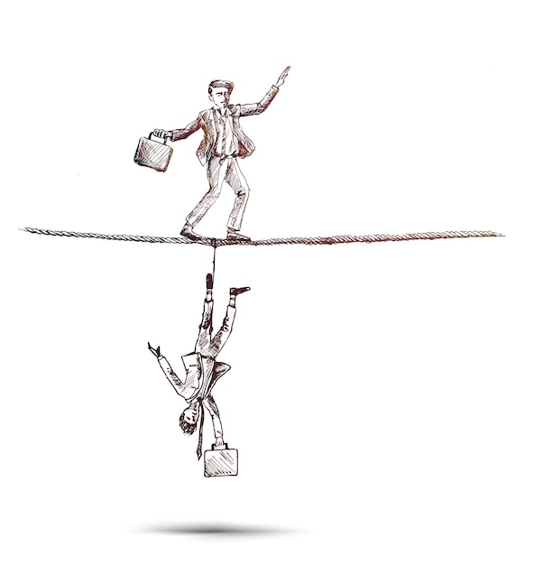 Homem de negócios equilibrando na corda e pensando cair ilustração vetorial de desenho desenhado à mão