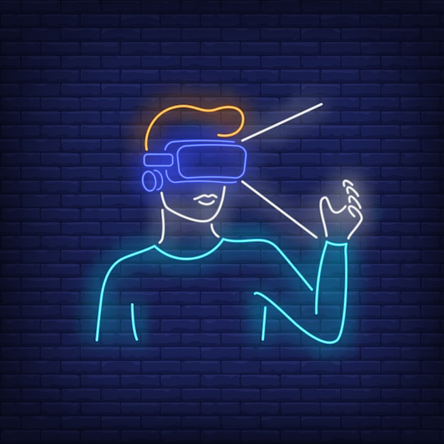 Homem, desgastar, headset vr, sinal néon