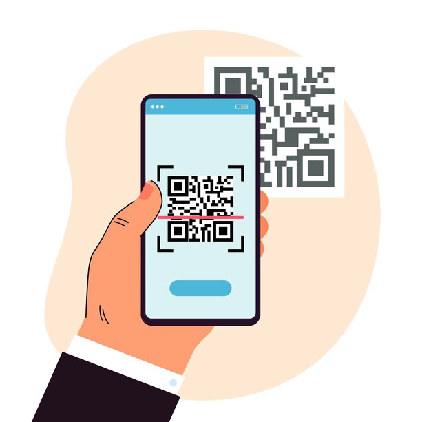 Homem digitalizando o código QR com o celular. Dispositivo masculino de mão direcionado ao código. Conceito de tecnologia moderna para banner, design de site ou página da web de destino