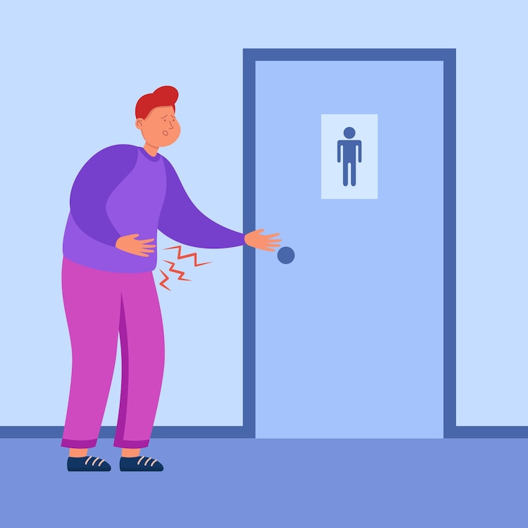 Vetor grátis homem dos desenhos animados com dor de estômago em frente à porta do banheiro. ilustração em vetor plana pessoa com diarreia, precisando ir ao banheiro. higiene, doença, conceito de saúde para banner ou página de destino