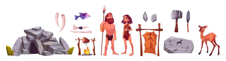 Vetor grátis homem e mulher da caverna, povos primitivos pré-históricos