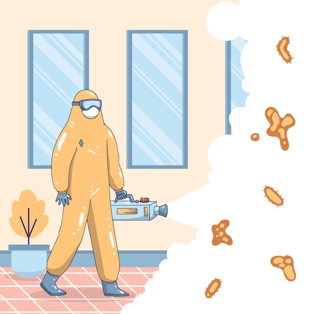 Homem em traje de proteção, limpando a casa de bactérias