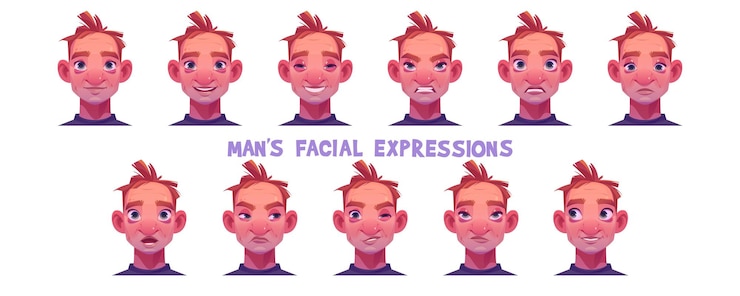 Vetor grátis homem expressão facial vetor de desenho animado definir rosto jovem com emoções diferentes avatar masculino com aparência neutra e triste rindo e irritado envergonhado e surpreso piscando o olho