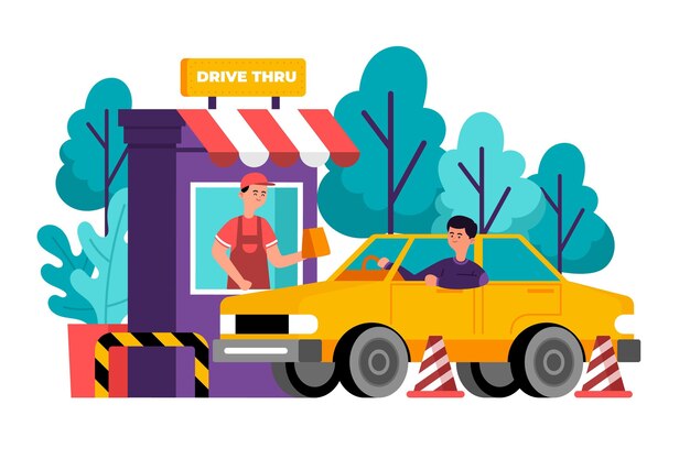 Homem ilustrado indo para um carro pela janela para comprar comida