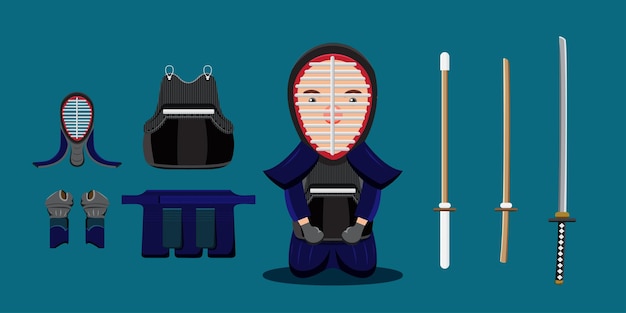 Homem jovem atleta e equipamento em treinamento de esgrima guarda-cabeças máscara de sapato epee e uniforme protetor e espada em estilo cartoon para ilustração do vetor de designer gráfico