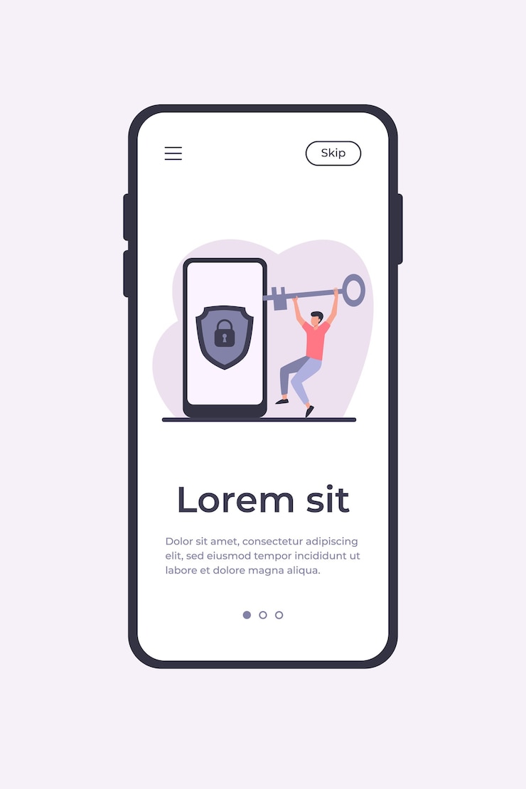 Vetor grátis homem minúsculo desbloqueando o celular com chave de ouro. cadeado, smartphone, ilustração vetorial plana de bloqueio. modelo de aplicativo móvel conceito de segurança e proteção