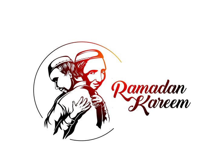 Vetor grátis homem muçulmano de eid abraçando e desejando um ao outro na ocasião com texto de ramadan kareem