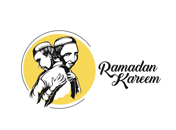 Vetor grátis homem muçulmano de eid abraçando e desejando um ao outro na ocasião com texto de ramadan kareem