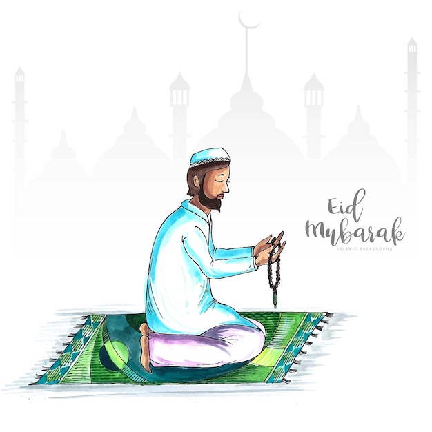 Homem muçulmano lendo alcorão islâmico orando eid mubarak fundo