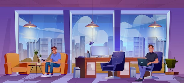 Homem na sala com janela no local de trabalho vetor interior fundo paisagem urbana e chuva tempo vista do espaço de trabalho corporativo ilustração de negócios gabinete com planta de cadeira de mesa e personagem masculino