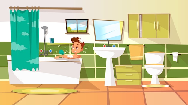 Homem novo dos desenhos animados que tem o banho na banheira. Ilustração com homem relaxante no banho de espuma