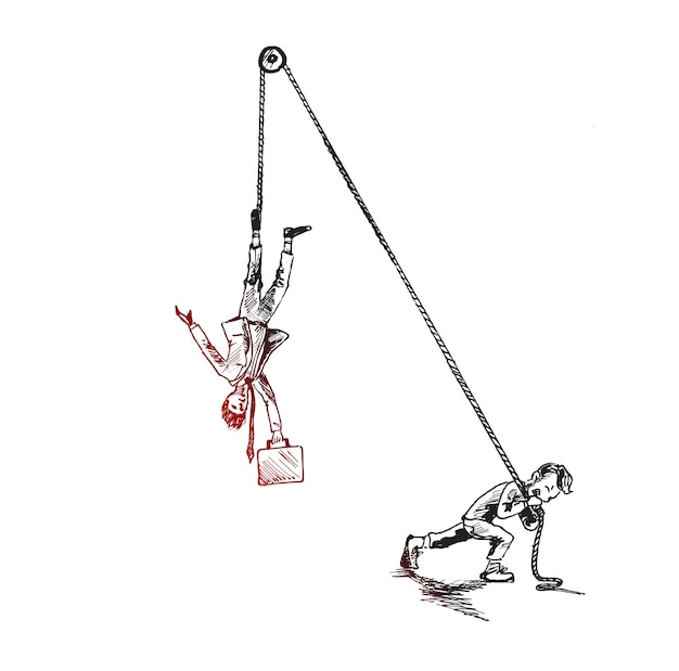 Vetor grátis homem puxando empresário pendurado por uma corda ilustração vetorial