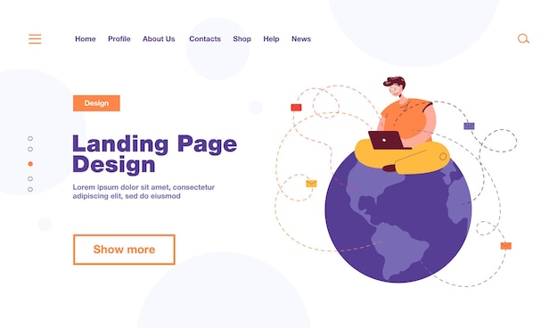 Homem sentado no globo e enviando e-mails. personagem masculina com laptop escrevendo letras ilustração vetorial plana