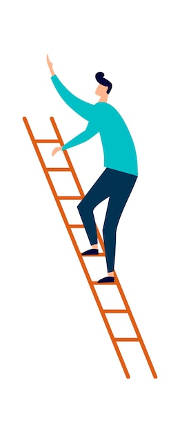 Homem subindo escada de madeira, carreira ou conceito de educação