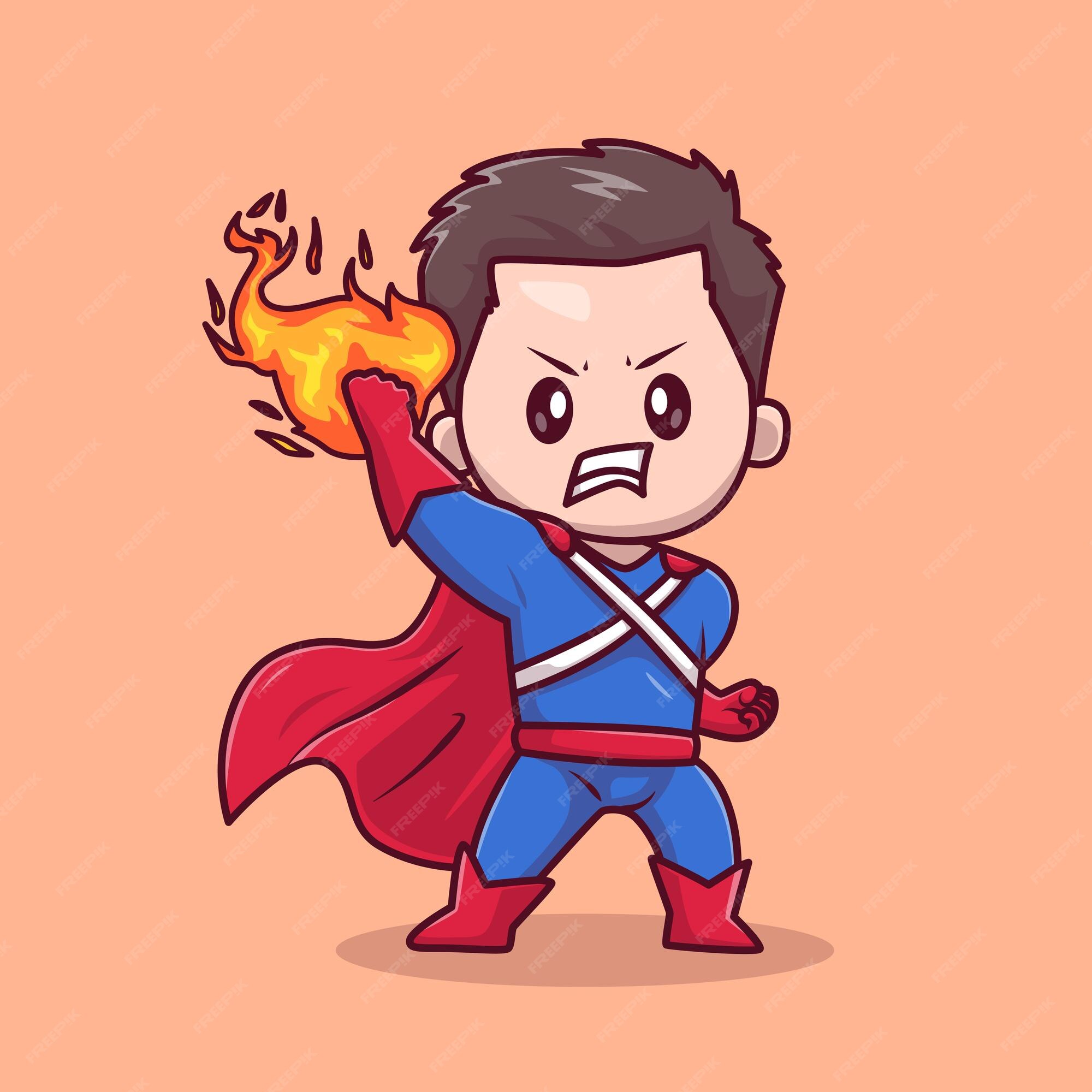 Super-herói, fogo, menino, personagem, desenho animado, vetor