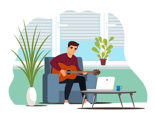 Vetor grátis homem tocando guitarra em casa cara descansando e fazendo hobby em casa