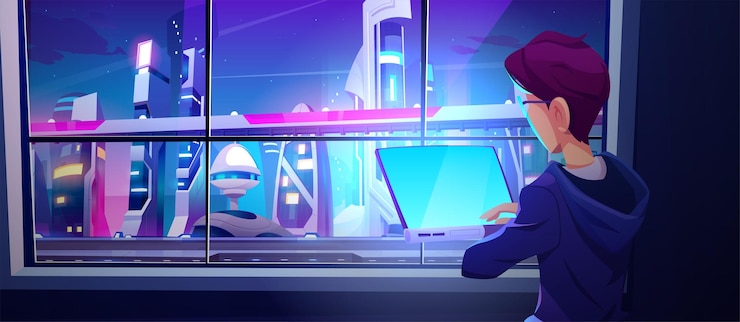 Vetor grátis homem trabalha com computador no escritório com paisagem da cidade futura atrás da janela ilustração vetorial dos desenhos animados da paisagem urbana futurista com edifícios de néon e estrada à noite
