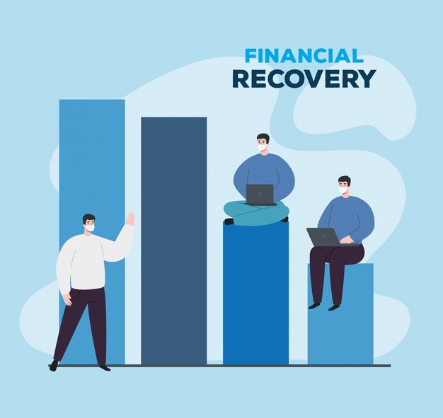 Homens com infográfico de recuperação financeira