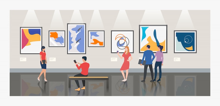 Vetor grátis homens e mulheres que visitam o museu ou a ilustração da galeria de arte