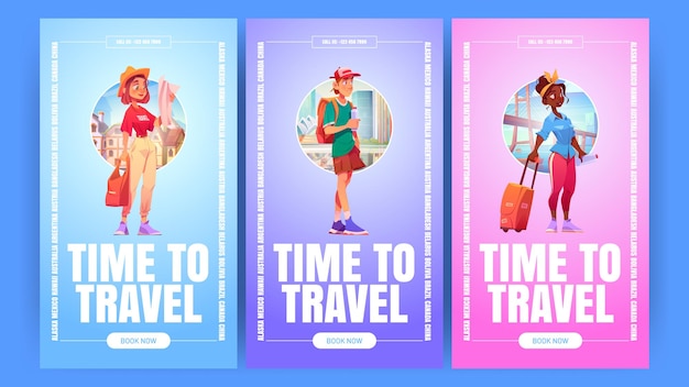 Hora de viajar banners com turistas com mochila de mala e mapa no fundo da paisagem urbana cartazes verticais vetoriais de turismo de viagem de férias com ilustração dos desenhos animados de viajantes de pessoas