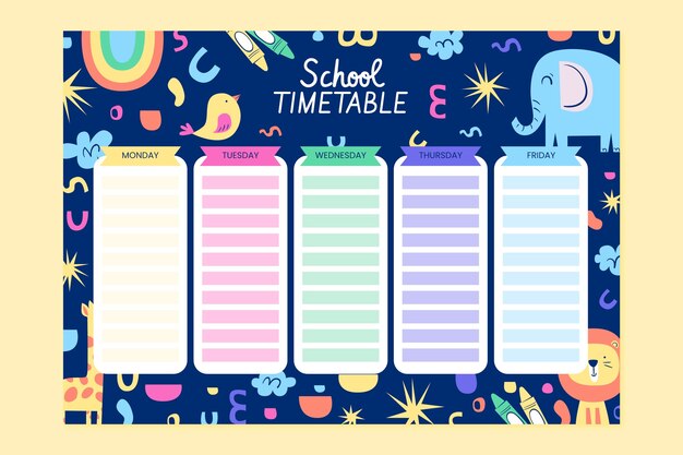 Horário escolar plano desenhado à mão