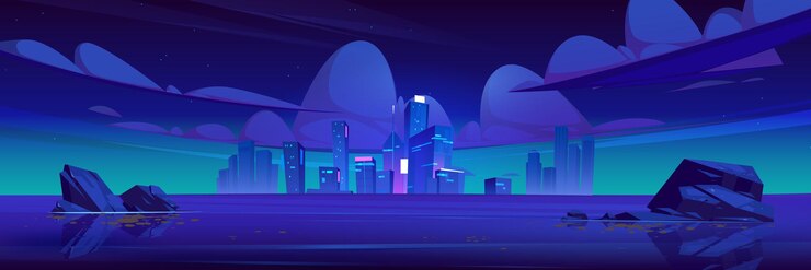 Vetor grátis horizonte da cidade à noite com luzes brilhantes no oceano