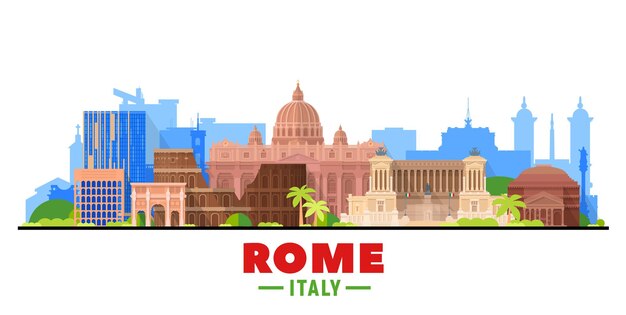 Horizonte de Roma (Itália) com panorama em fundo branco. Ilustração vetorial. Conceito de viagens e turismo de negócios com edifícios modernos. Imagem para apresentação, banner, site.