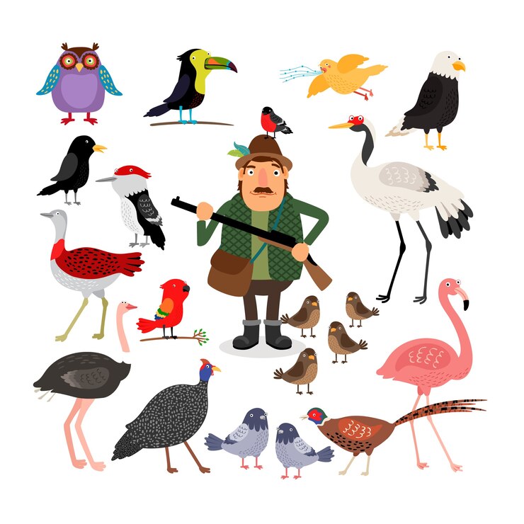 Vetor grátis hunter segurando uma espingarda. conjunto de ilustração de pássaros