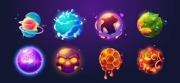 Ícone de bola mágica de energia vetor para jogo de desenho animado de fantasia esfera de fortuna de feiticeiro ui ilustração 2d conjunto coleção de bolhas de mistério com natureza folha de colmeias água e som de música clipart brilhante