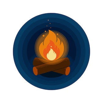 Ícone de botão redondo de uma fogueira brilhante com lenha em fundo azul escuro. ilustração vetorial