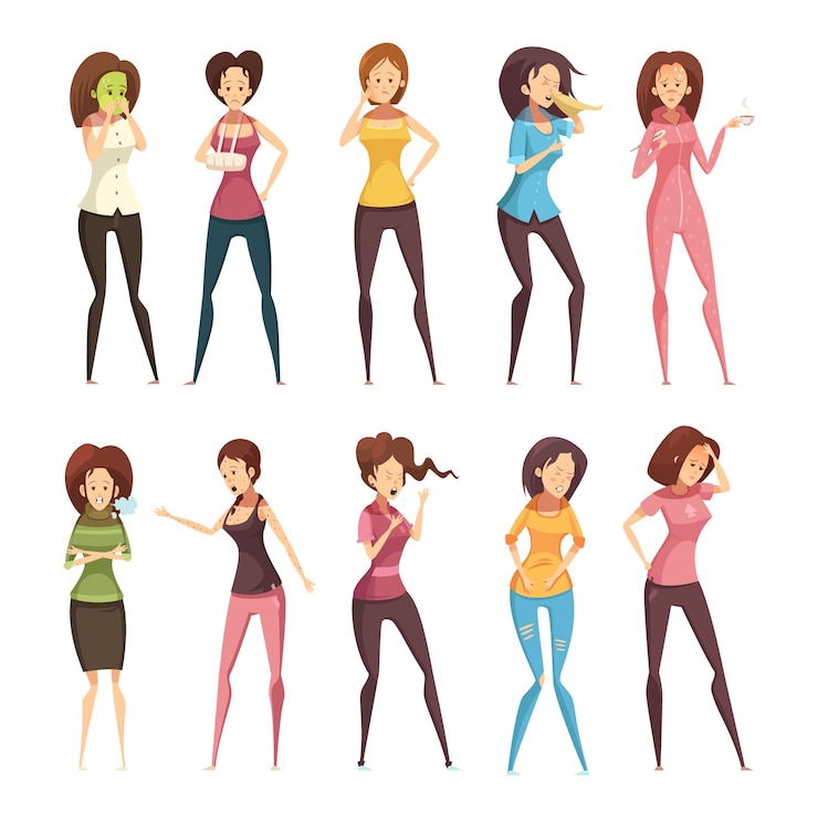 Vetor grátis ícone de cartoon retrô de mulher colorida e isolada de doença com ilustração vetorial de mulheres diferentes