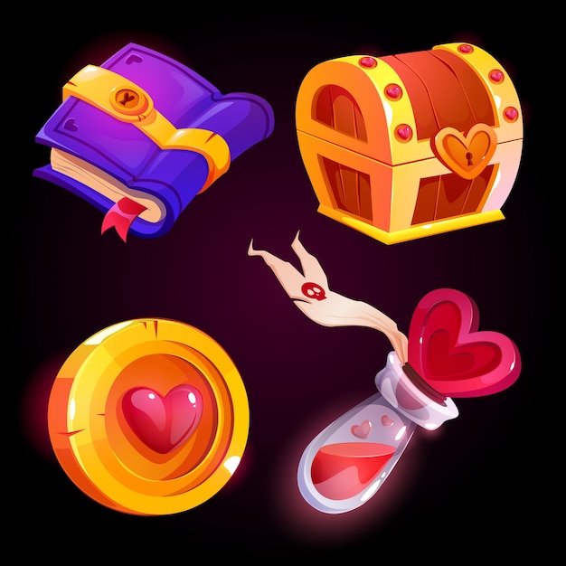 Ícone de desenho animado de jogo definido com formato de coração