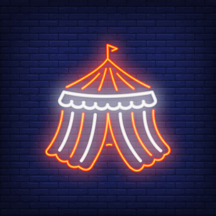 Vetor grátis ícone de néon de tenda de circo. fundo escuro da parede de tijolo do domeon justo listrado.